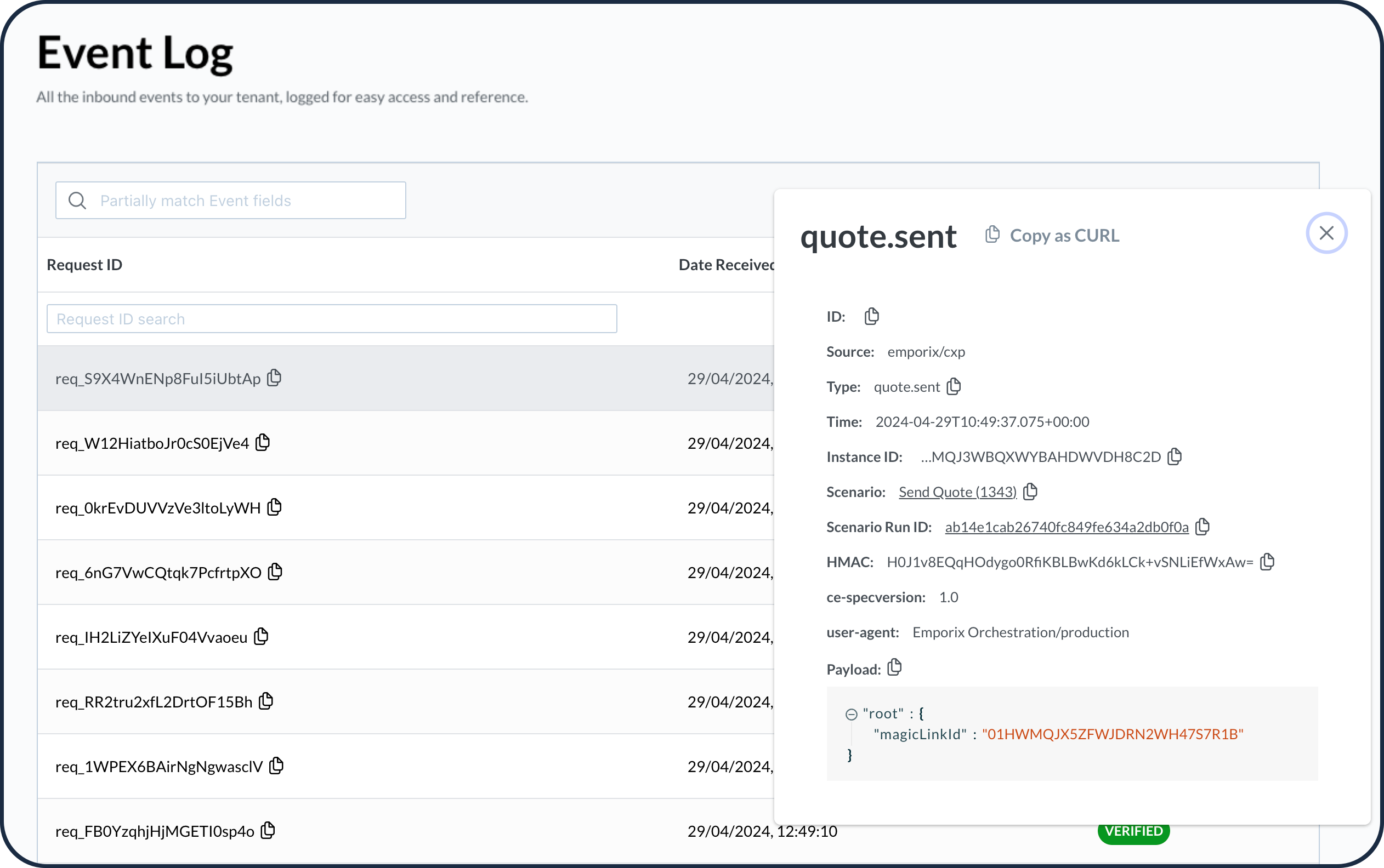Event log detail popup with metadata and payload