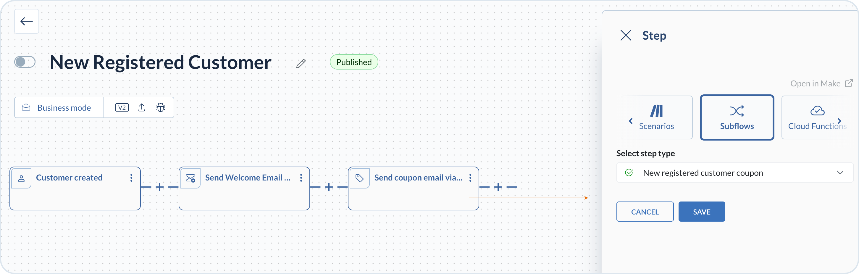 Step configuration with the Subflows tab selected and a subflow chosen from the dropdown