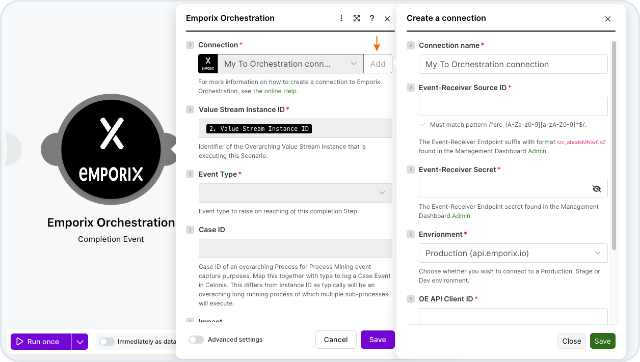 Completion Event connection configuration in Make