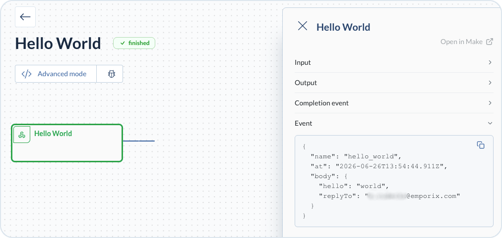 Debugger showing received event data