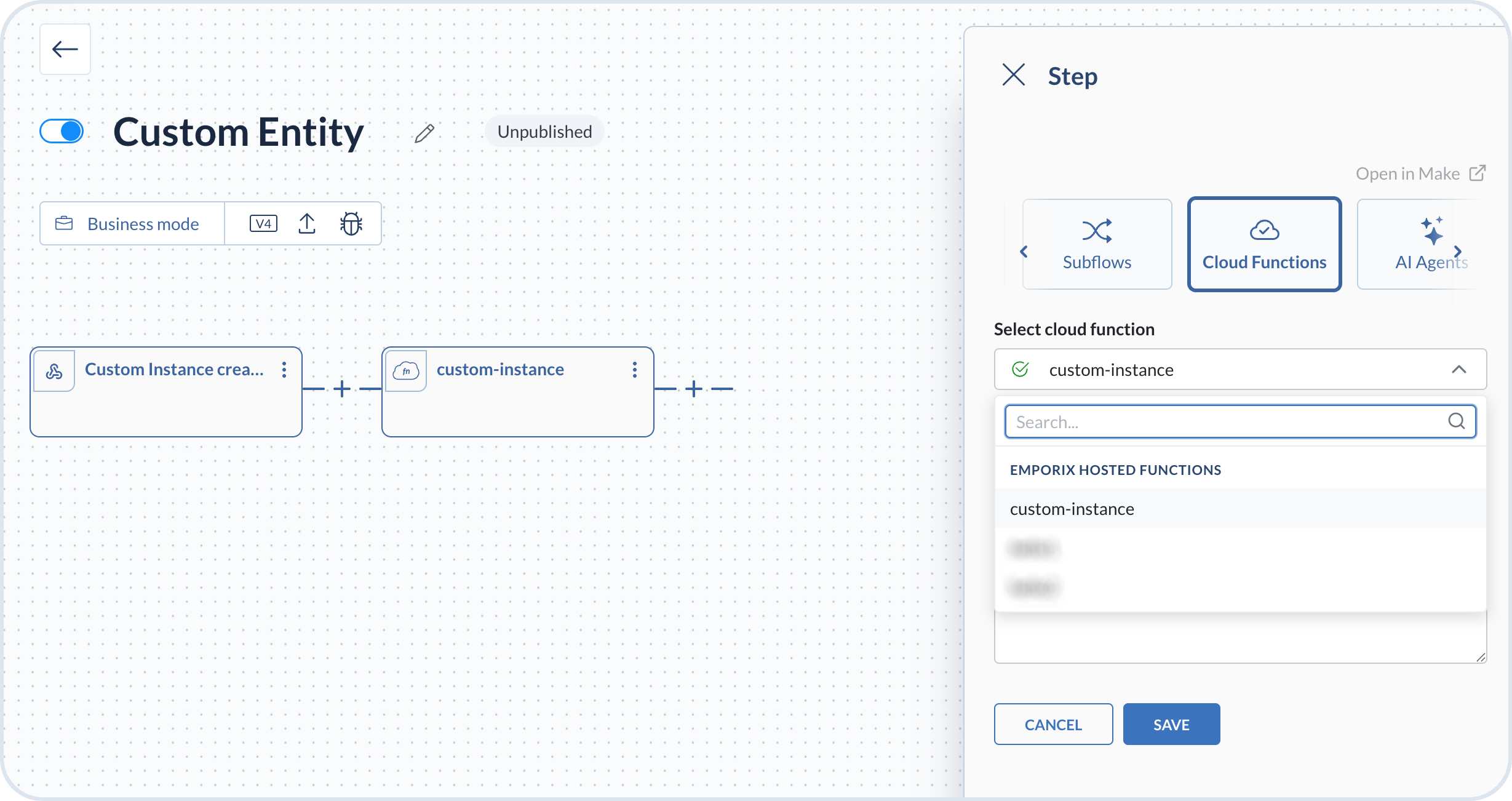 Step configuration with the Cloud Functions tab selected and a function chosen from the Emporix-hosted functions list
