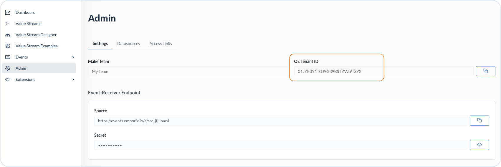 Tenant ID in VSM Admin settings