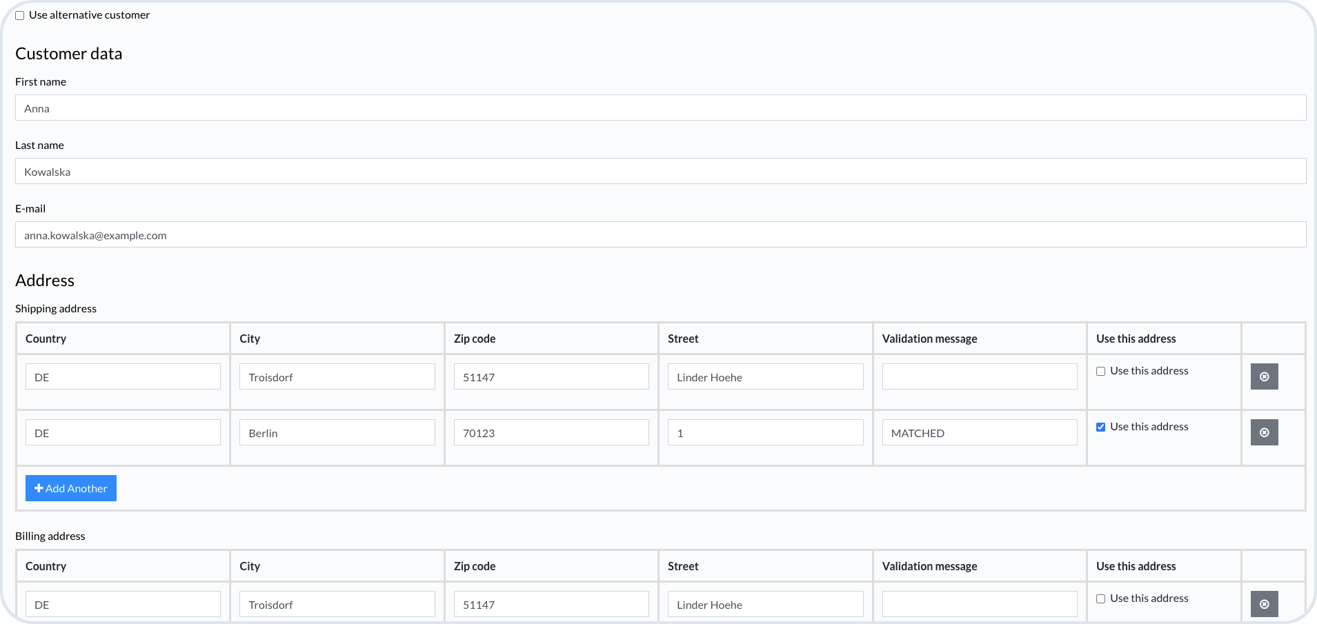 Order customer and address details