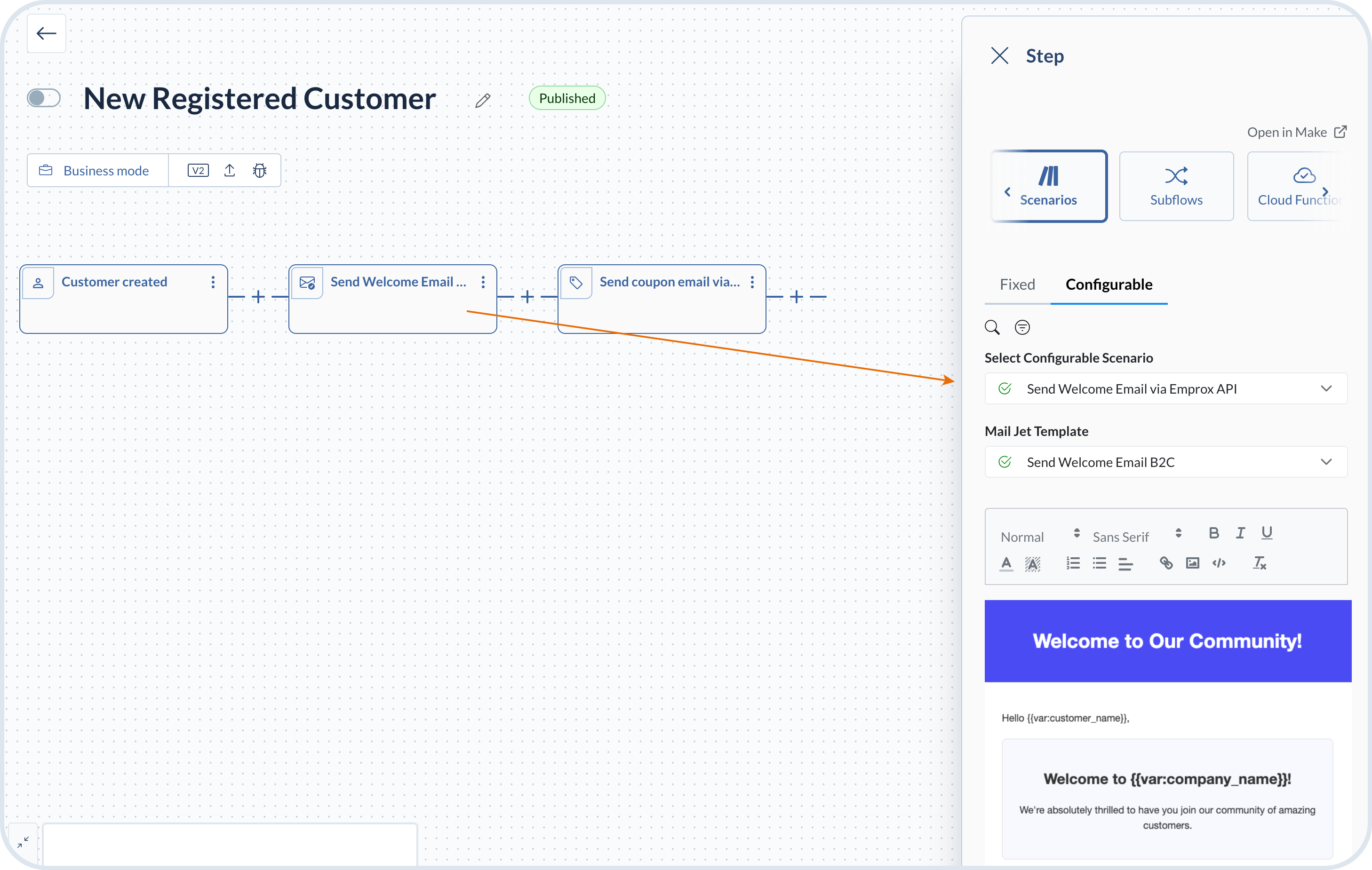 Step configuration with the Configurable scenario tab selected and additional parameter fields shown
