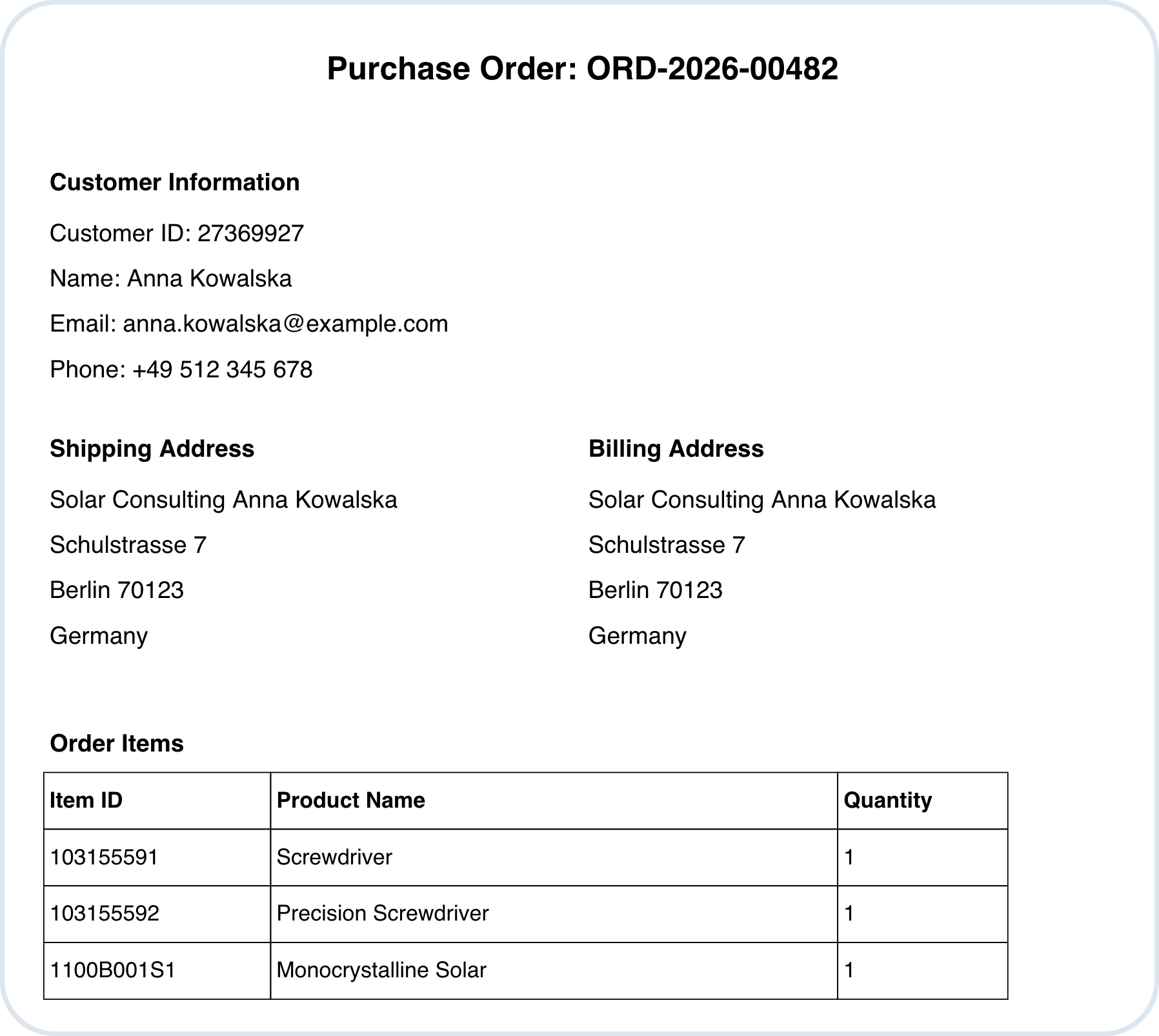 Demo example of PDF purchase order