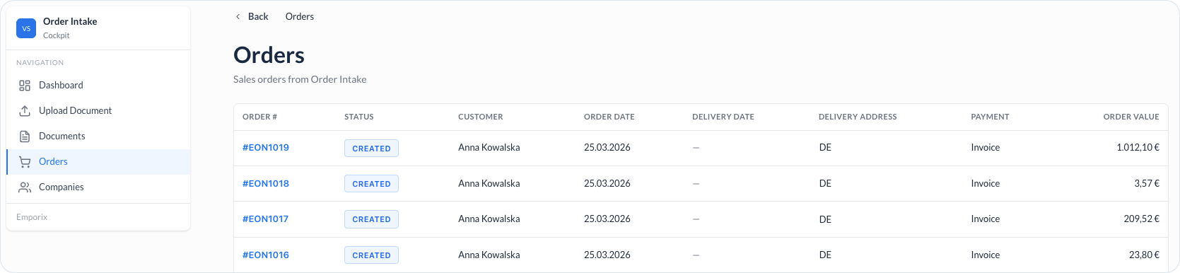 Order list view in Order Intake Cockpit