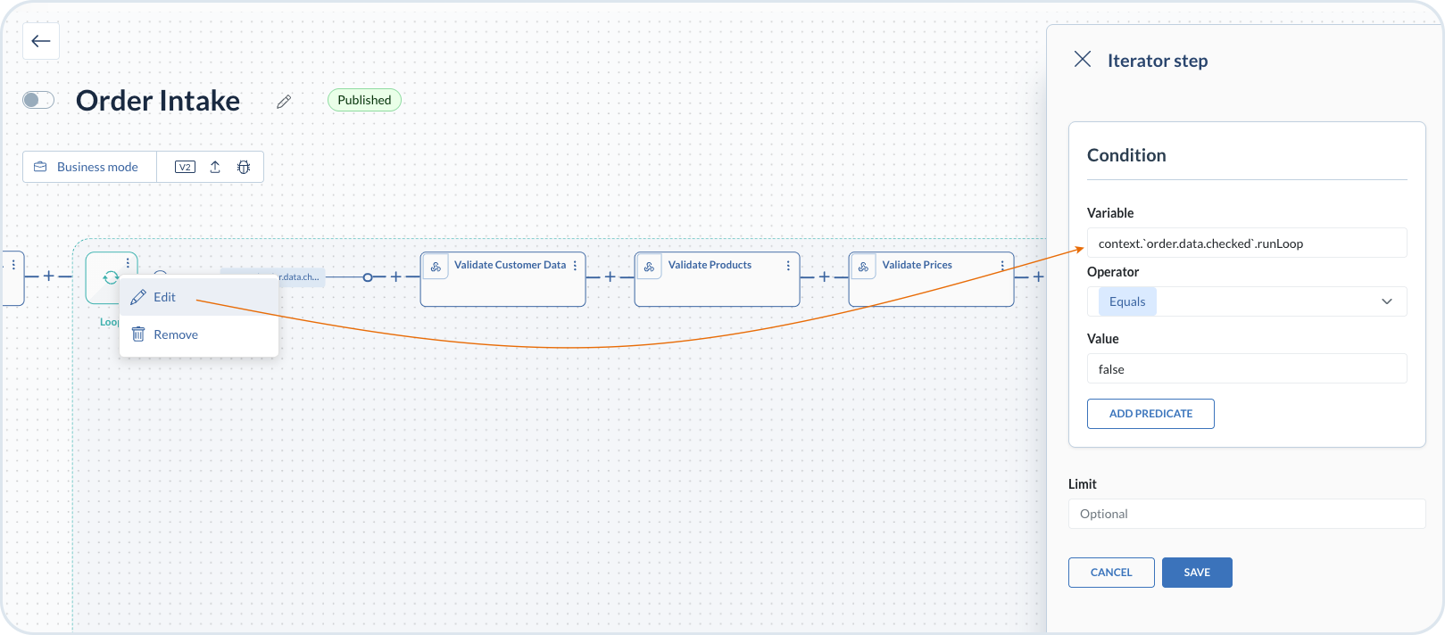 Loop with checked order condition
