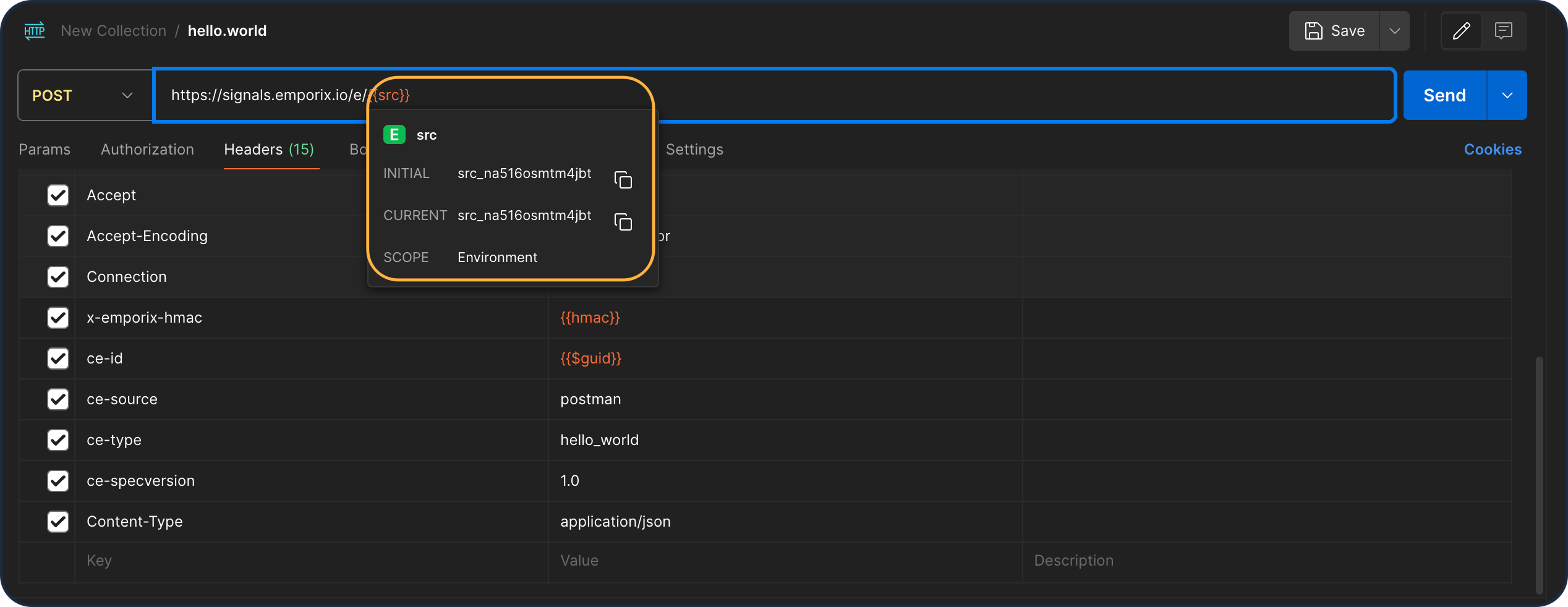 Postman request URL with src environment variable
