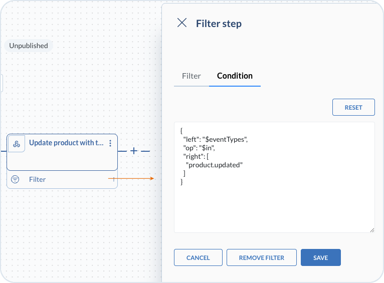 Condition tab with a JSON logic expression