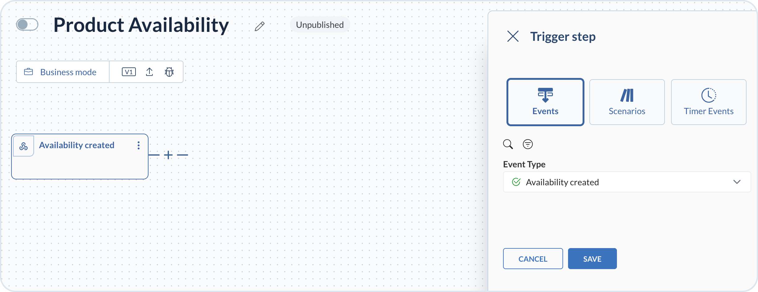 Value stream with the first trigger configured in the Trigger step sidebar