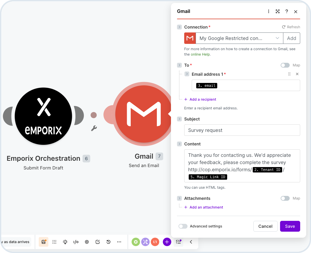 Gmail module sending the form magic link