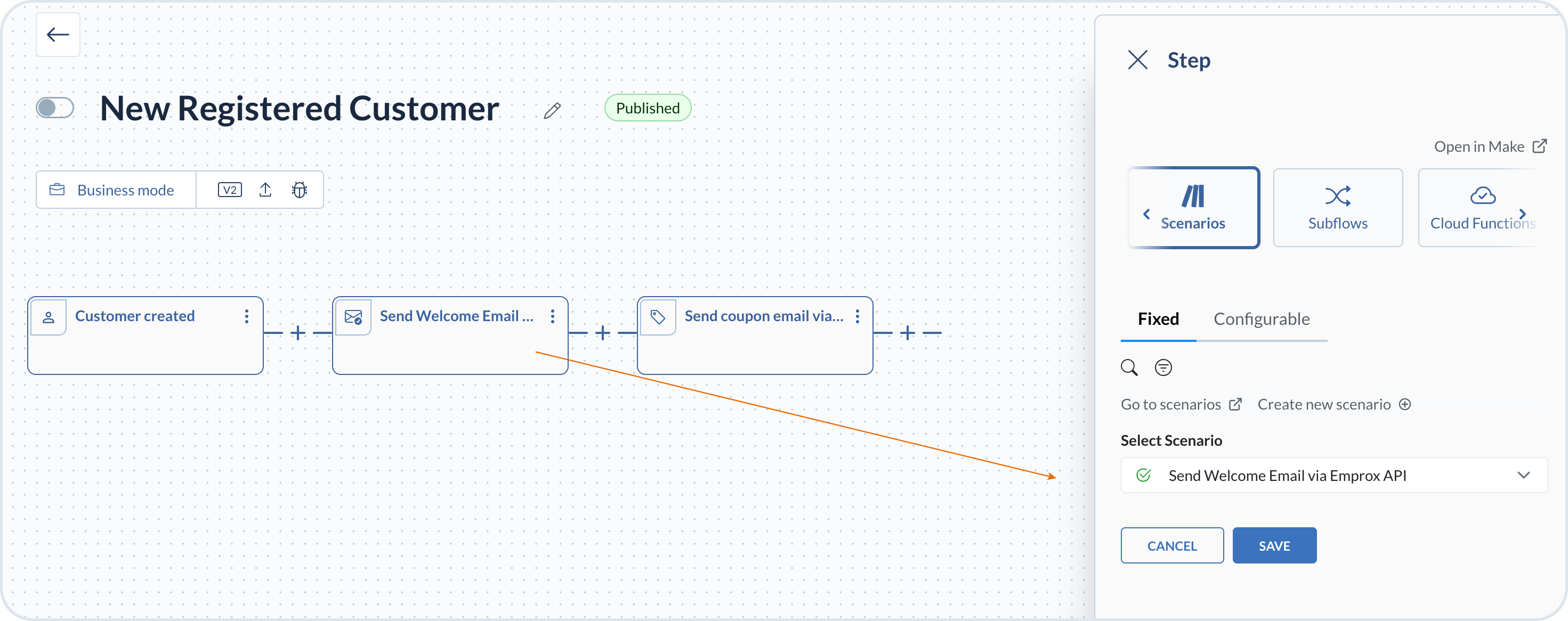 Step configuration with the Fixed scenario tab selected and a scenario chosen from the dropdown