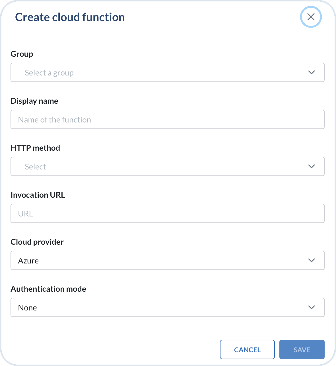 Create cloud function window with group, display name, HTTP method, invocation URL, cloud provider, and authentication mode fields