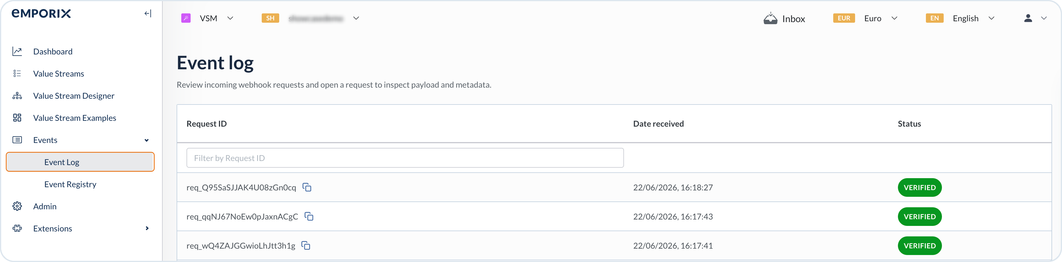 VSM Event log list with Request ID, date received, and status
