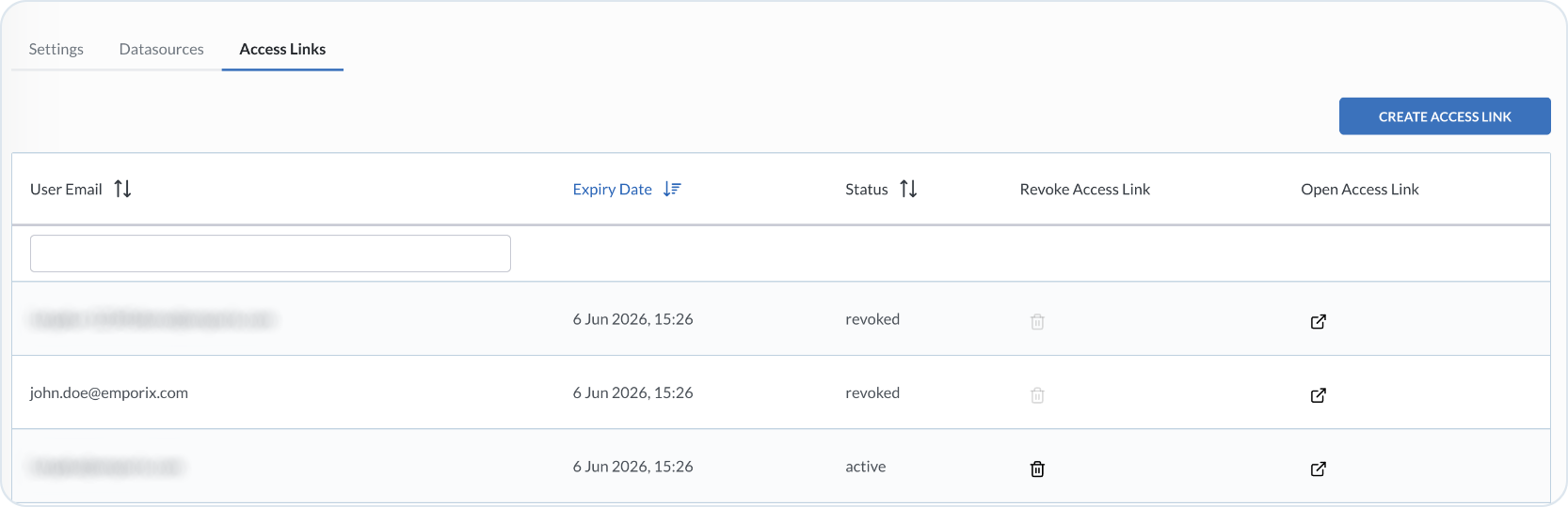 VSM Admin Access Links tab with user link list