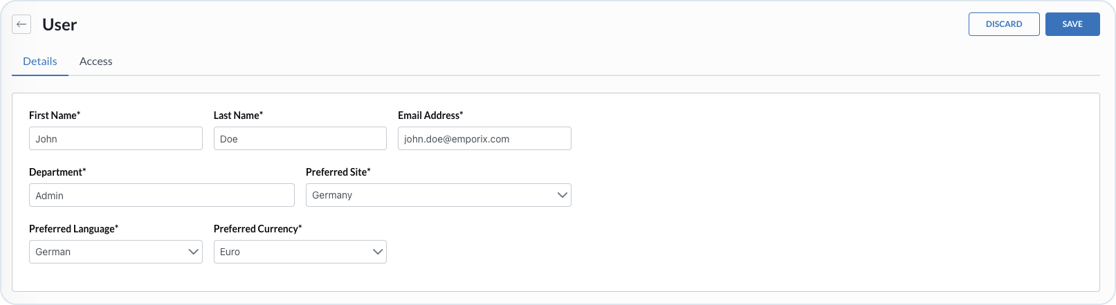 Create New User form in the Management Dashboard