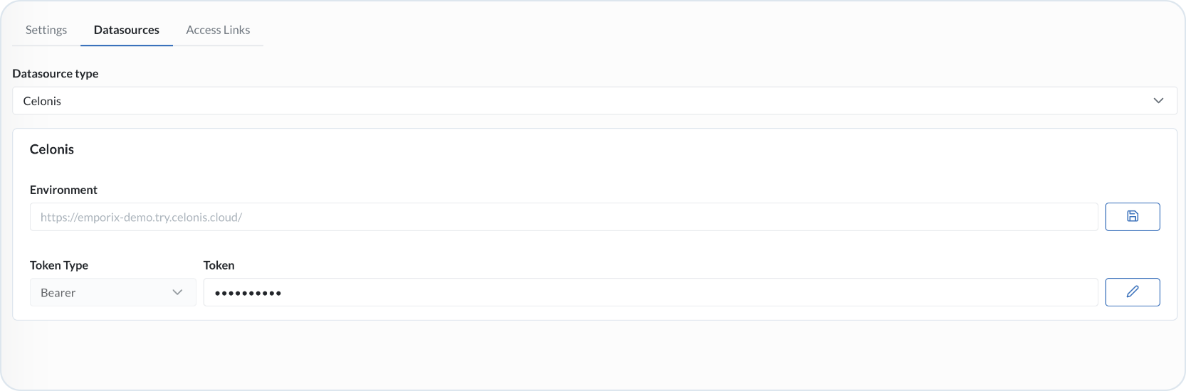 VSM Admin Datasources tab with Celonis configuration