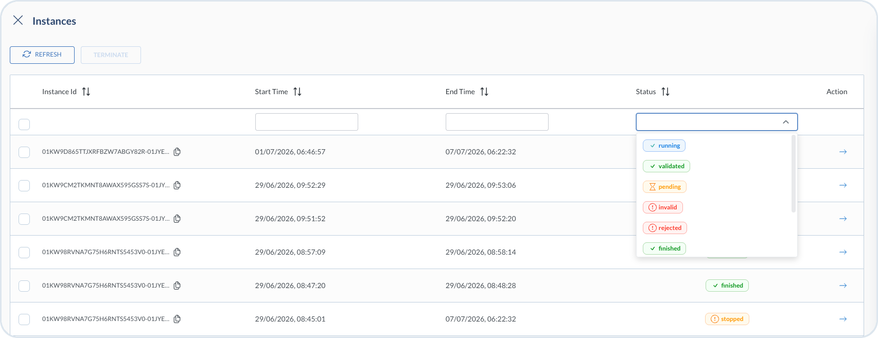 Debugger process instances list