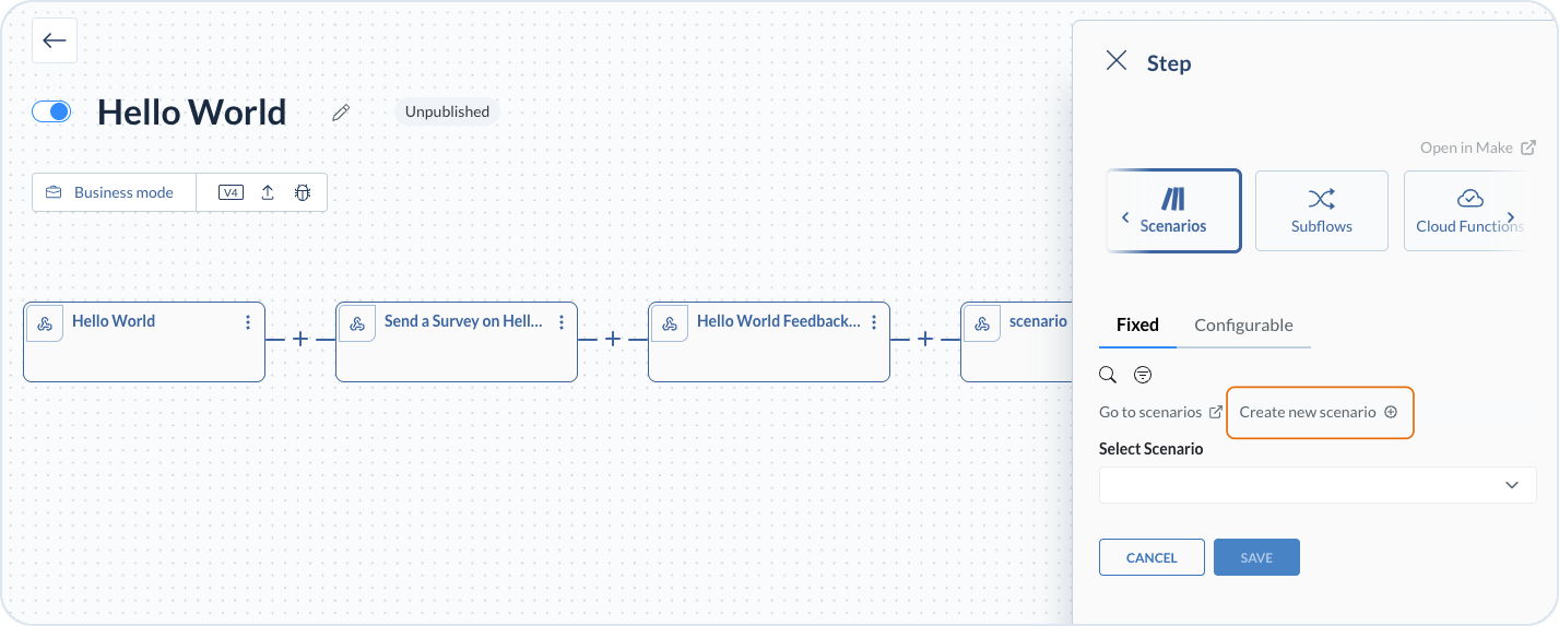 Create New Scenario option in the process step