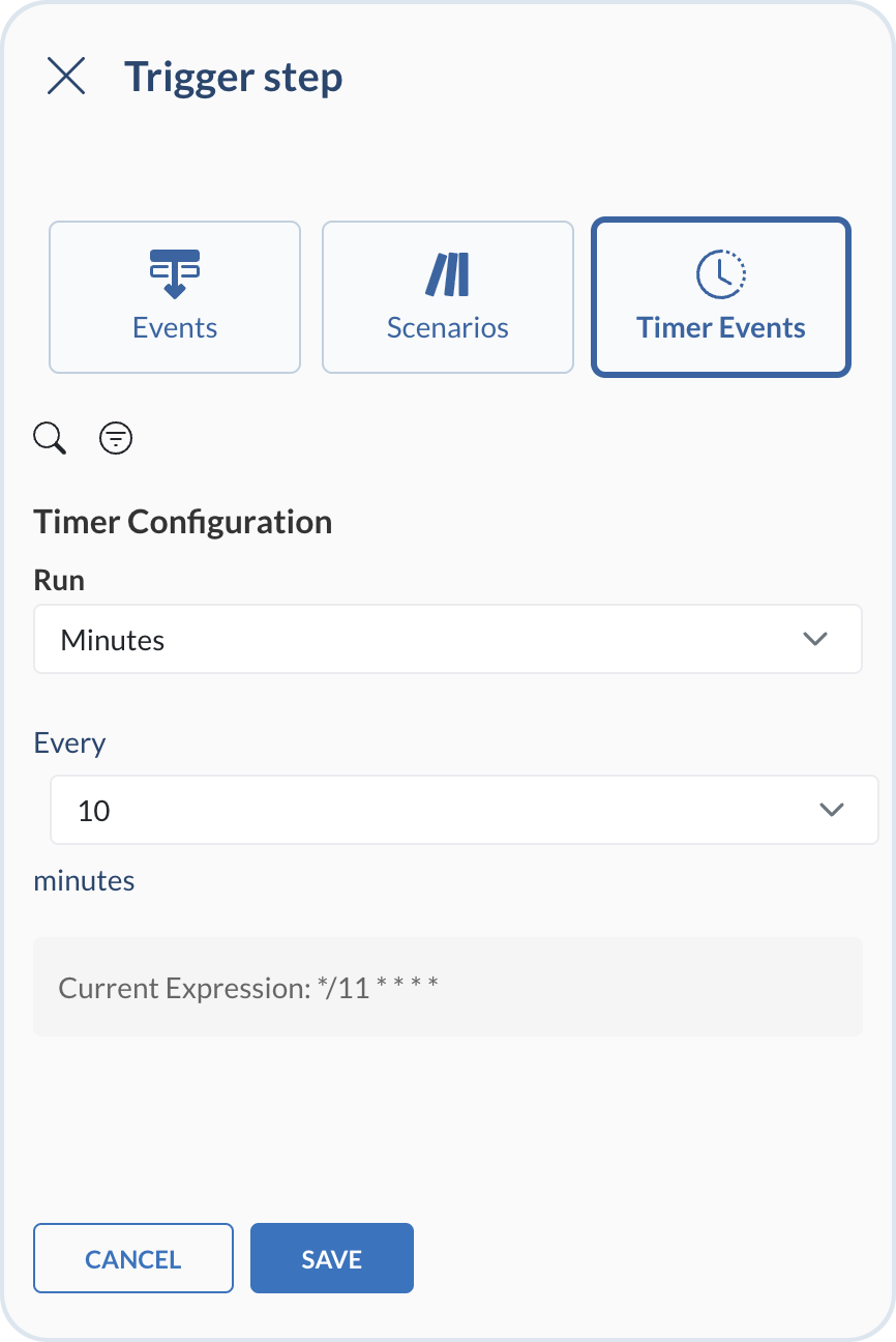 Trigger step UI with the Timer Events tab selected and timer schedule fields configured