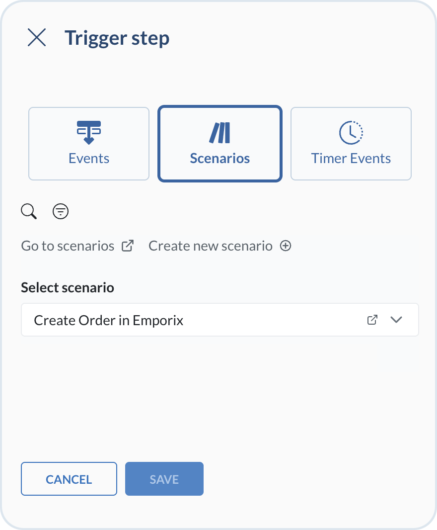 Trigger step UI with the Scenarios tab selected, Go to scenarios and Create new scenario links, and a scenario chosen from the dropdown