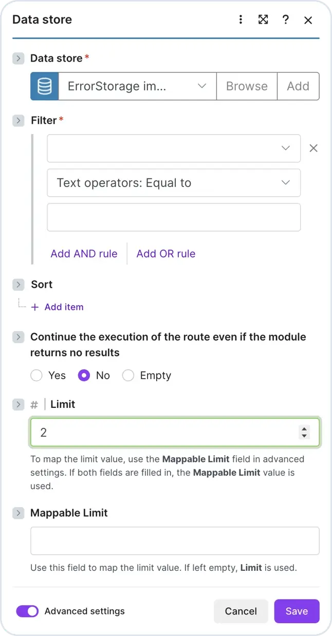 Make Data store module with Advanced settings enabled and Limit set to 2