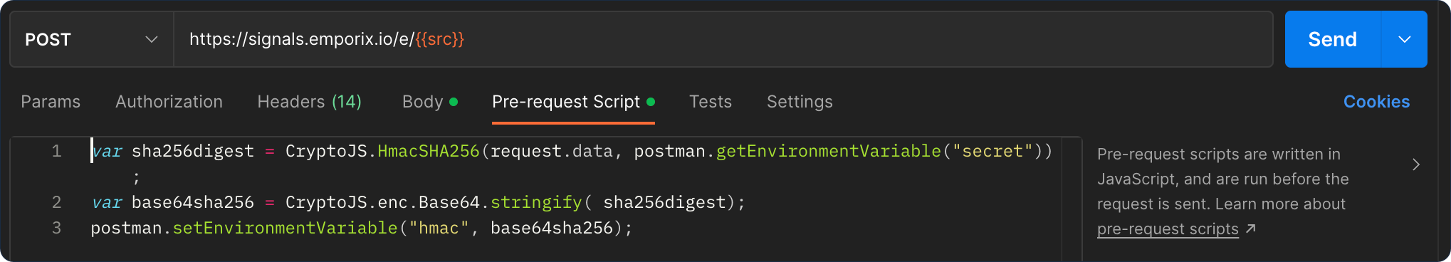Postman Pre-request Script generating HMAC signature