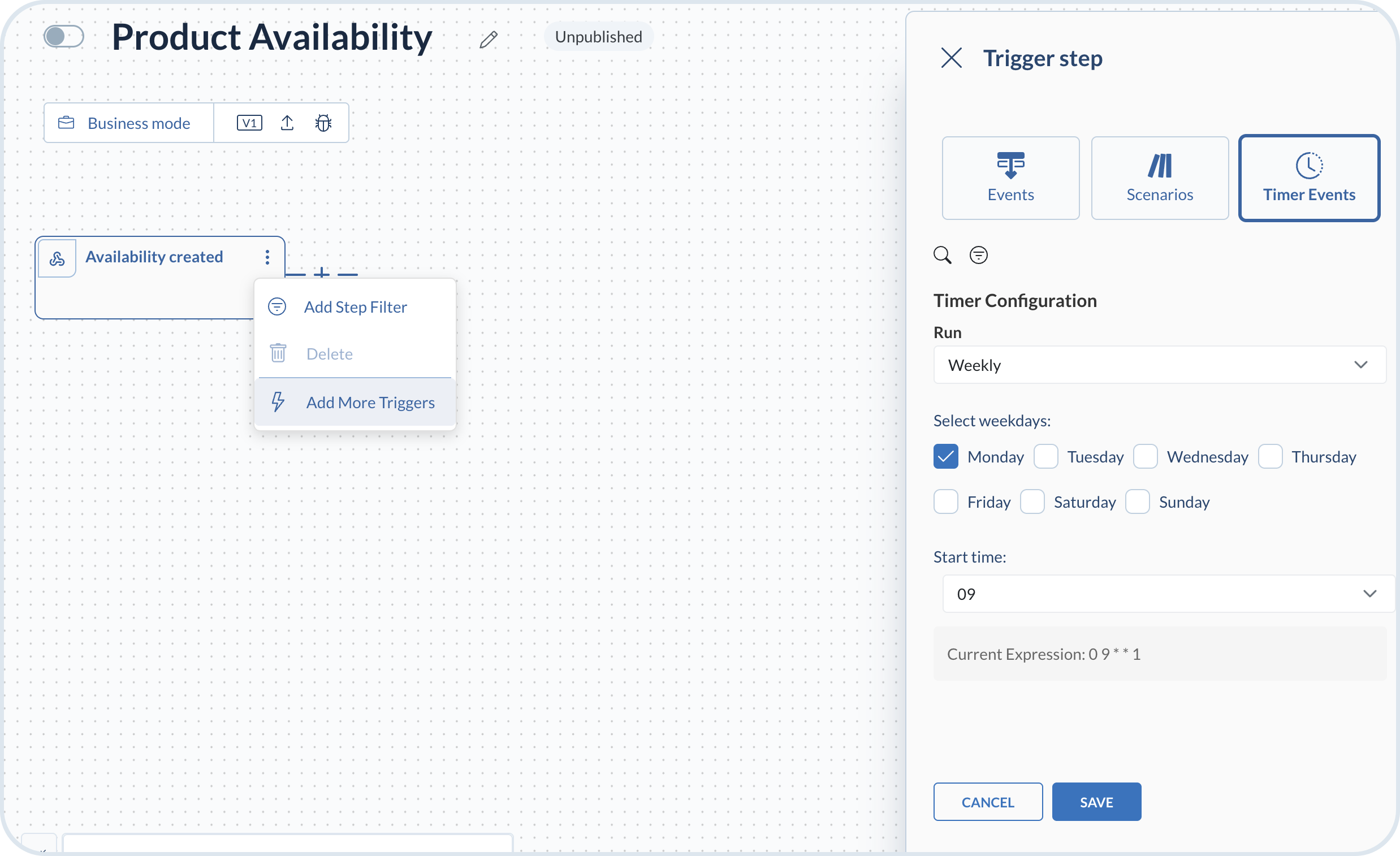 Trigger step sidebar configuring an additional trigger with Timer Events selected