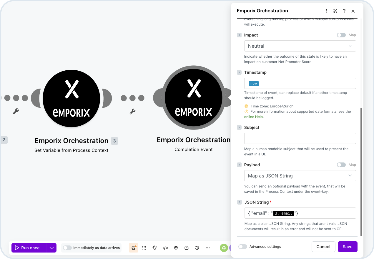 Completion Event payload with email variable