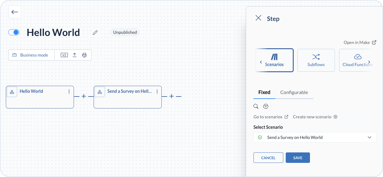 Send a Survey on Hello World scenario added as a process step