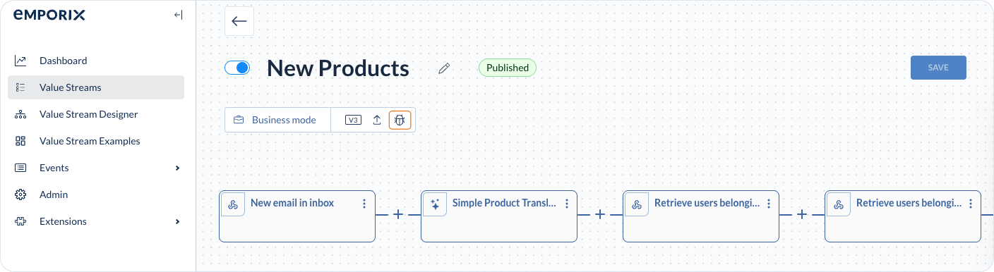 Debugger icon in the Value Stream Modeller