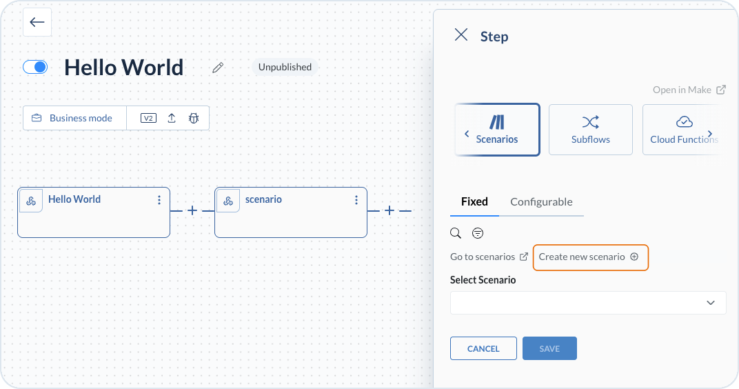 Create New Scenario option in the process step