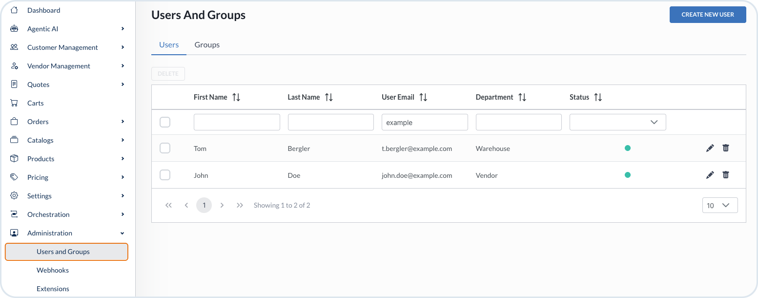 Users and Groups list in the Administration module