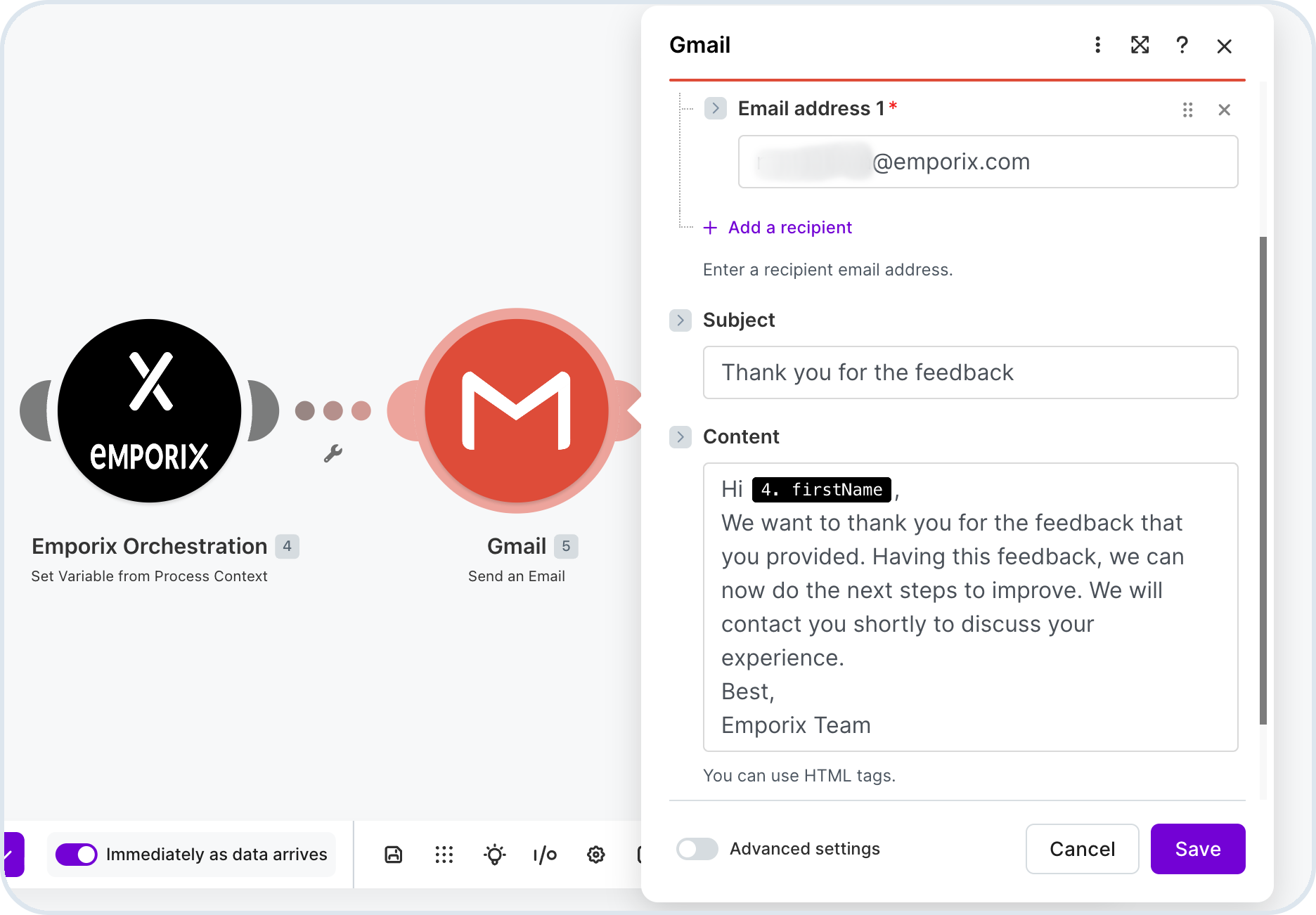 Gmail module in the Make scenario