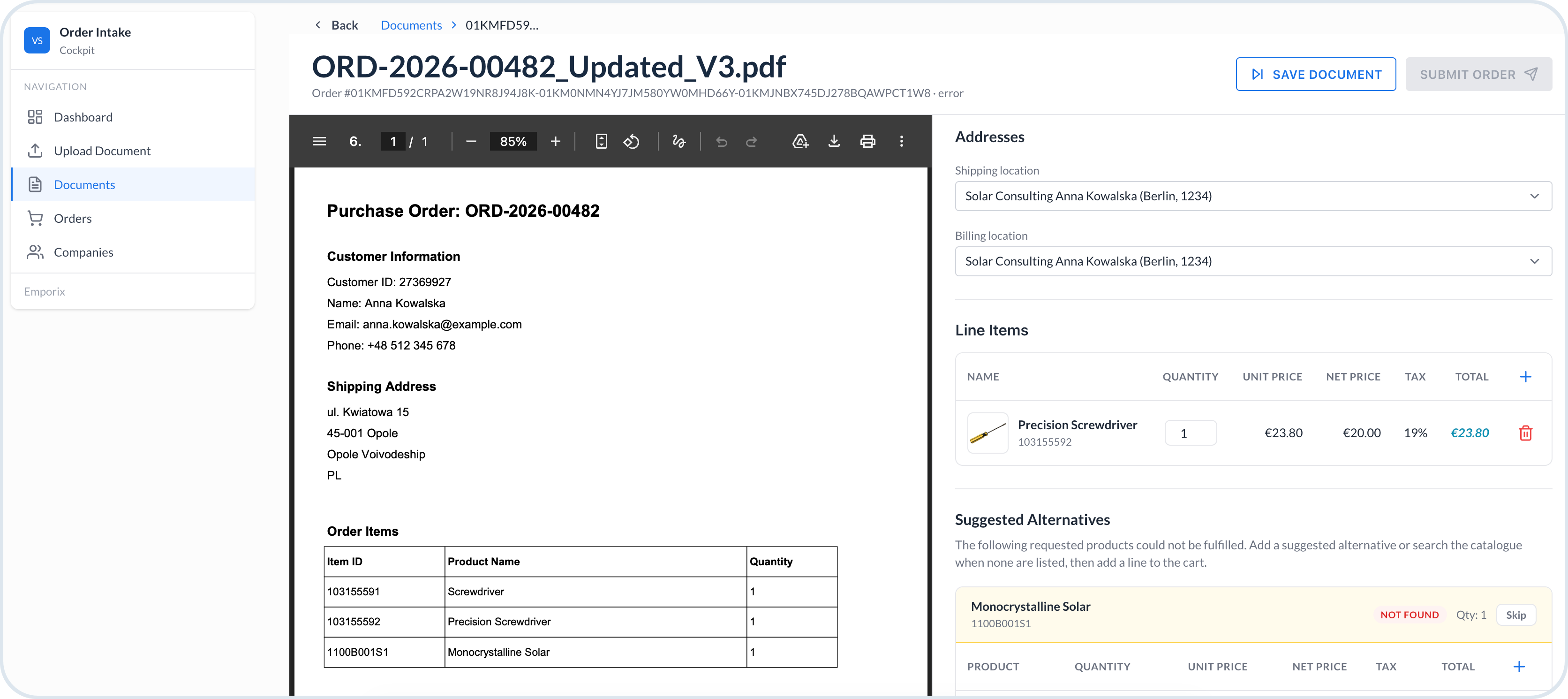 Document management in Order Intake Cockpit