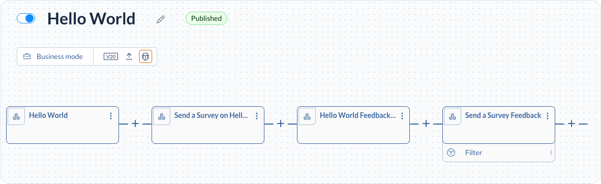 Hello World value stream in debug mode