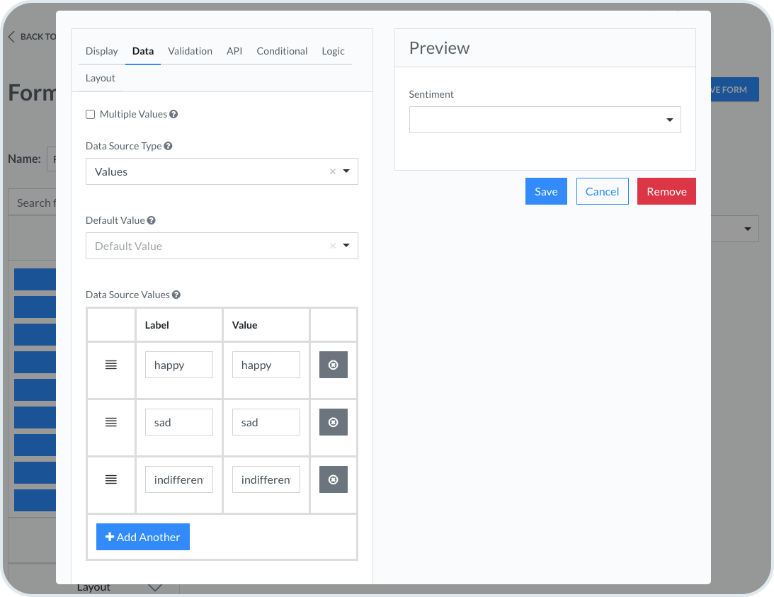 Sentiment dropdown data source values