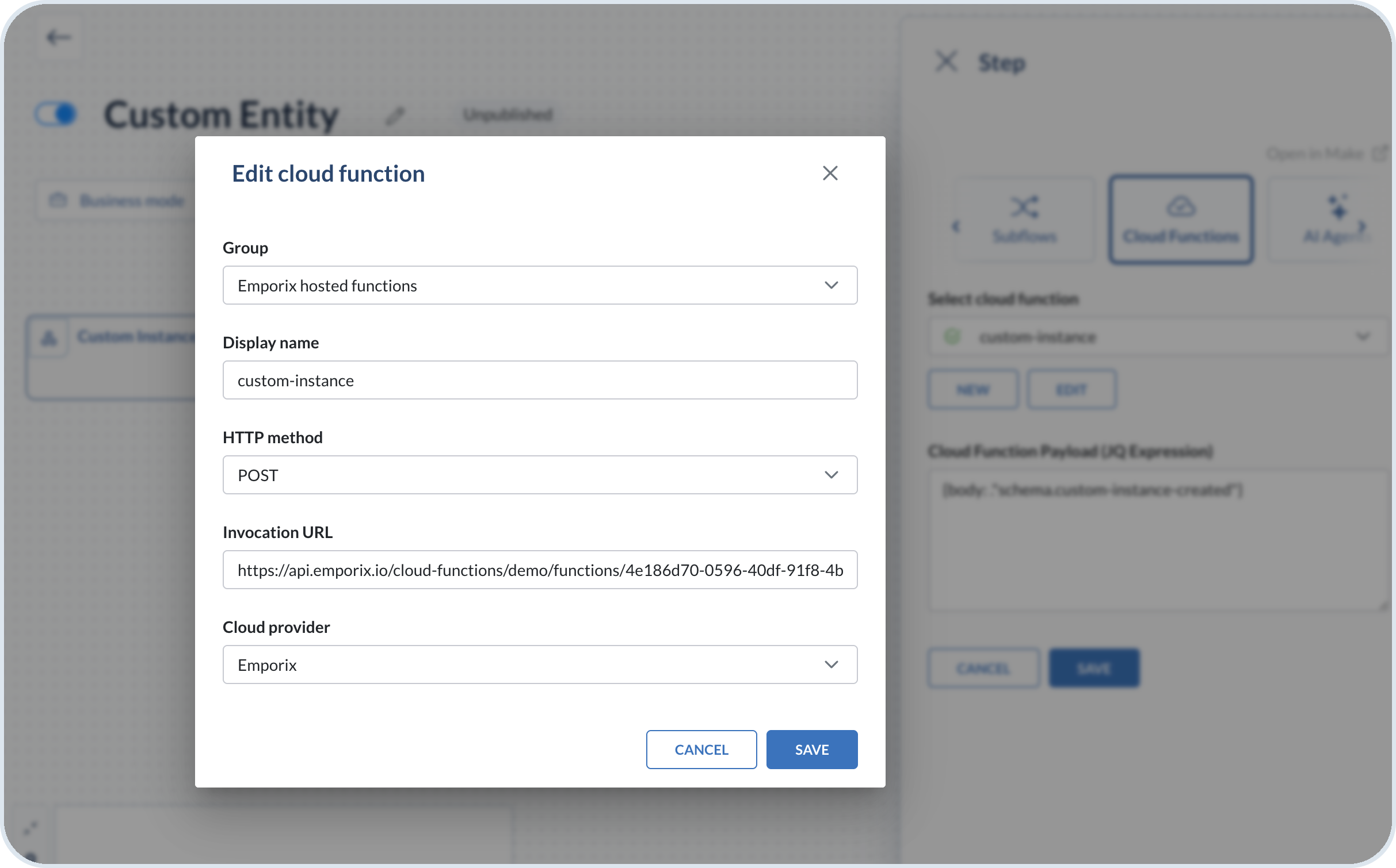 Edit cloud function window for an Emporix-hosted function with group, display name, HTTP method, invocation URL, and cloud provider set to Emporix