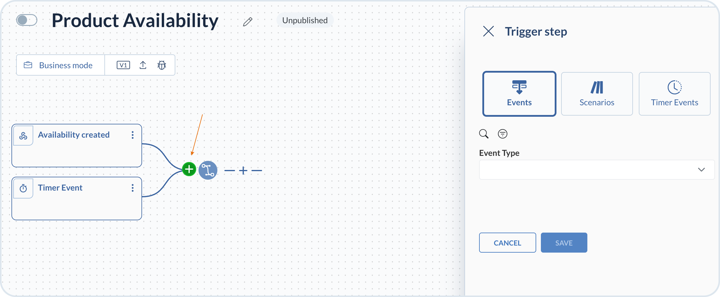 Value stream with two start triggers and the Add button used to configure another trigger
