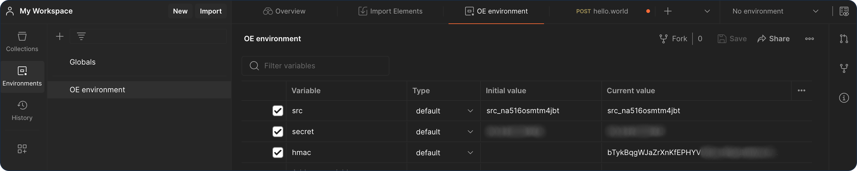 Postman environment variables for src, secret, and hmac