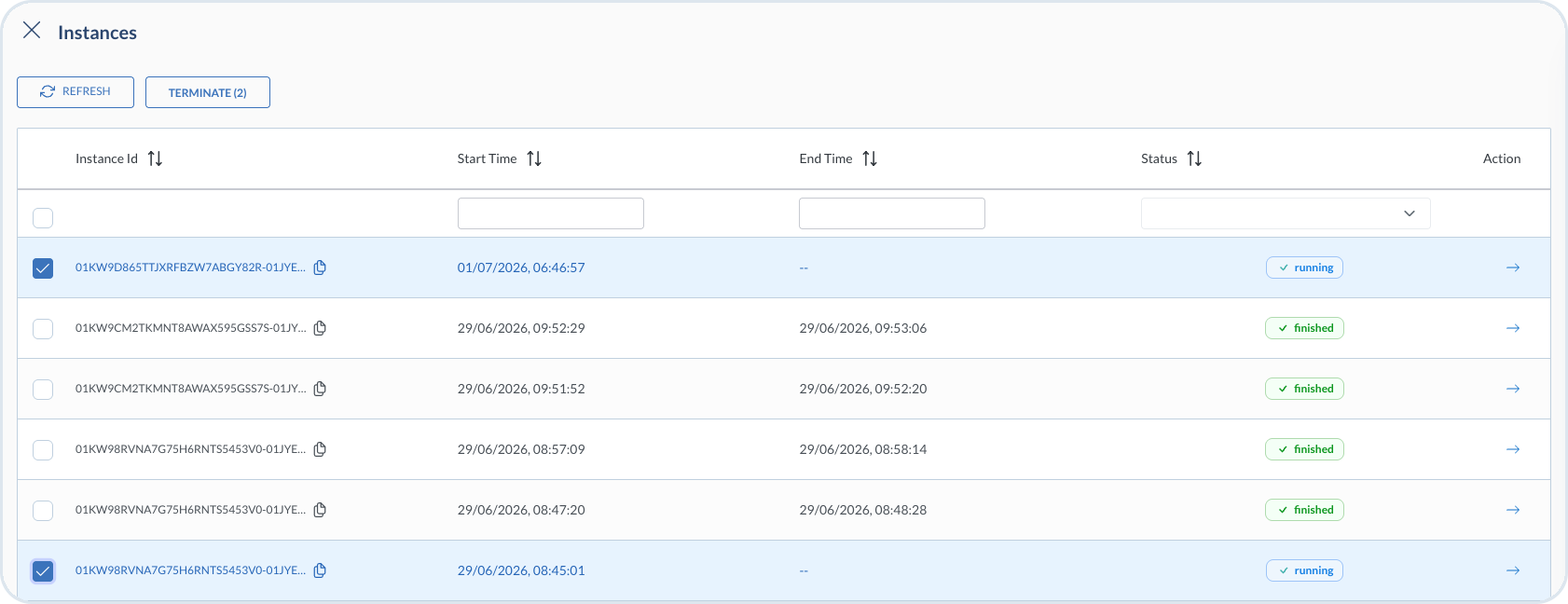 Terminate instances in the debugger list