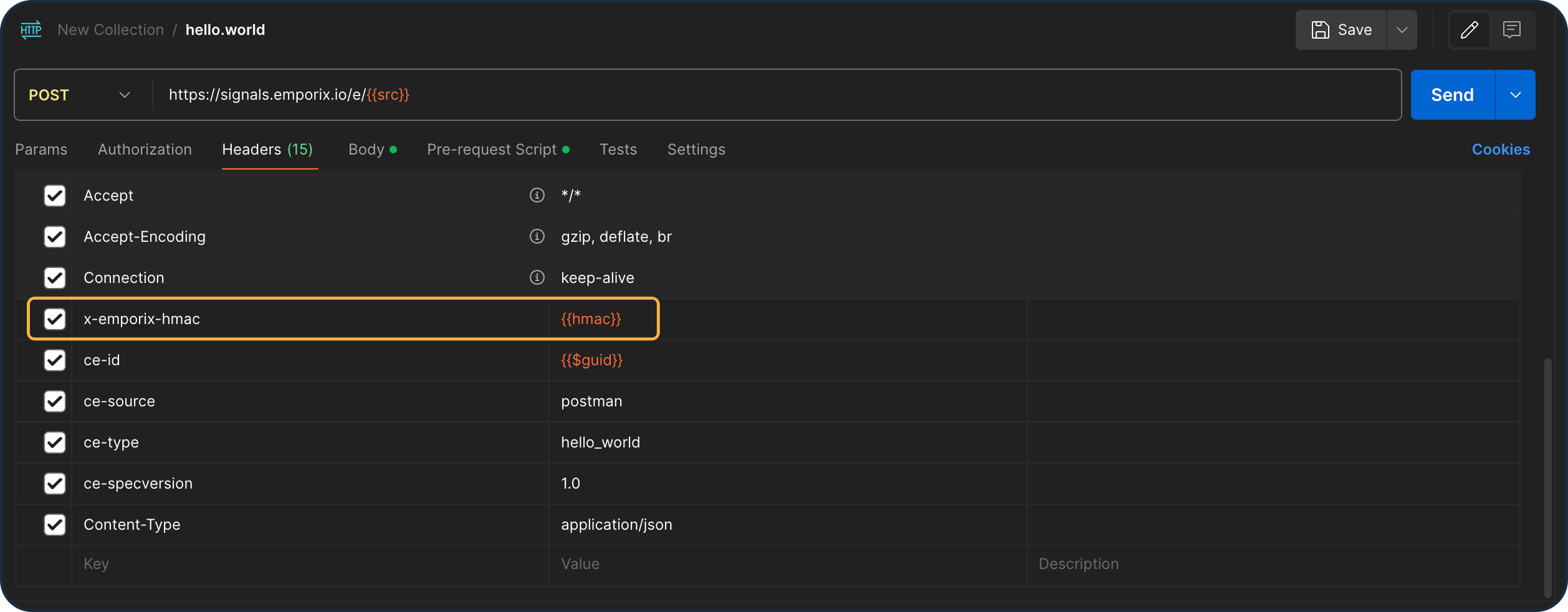 Postman request headers with x-emporix-hmac