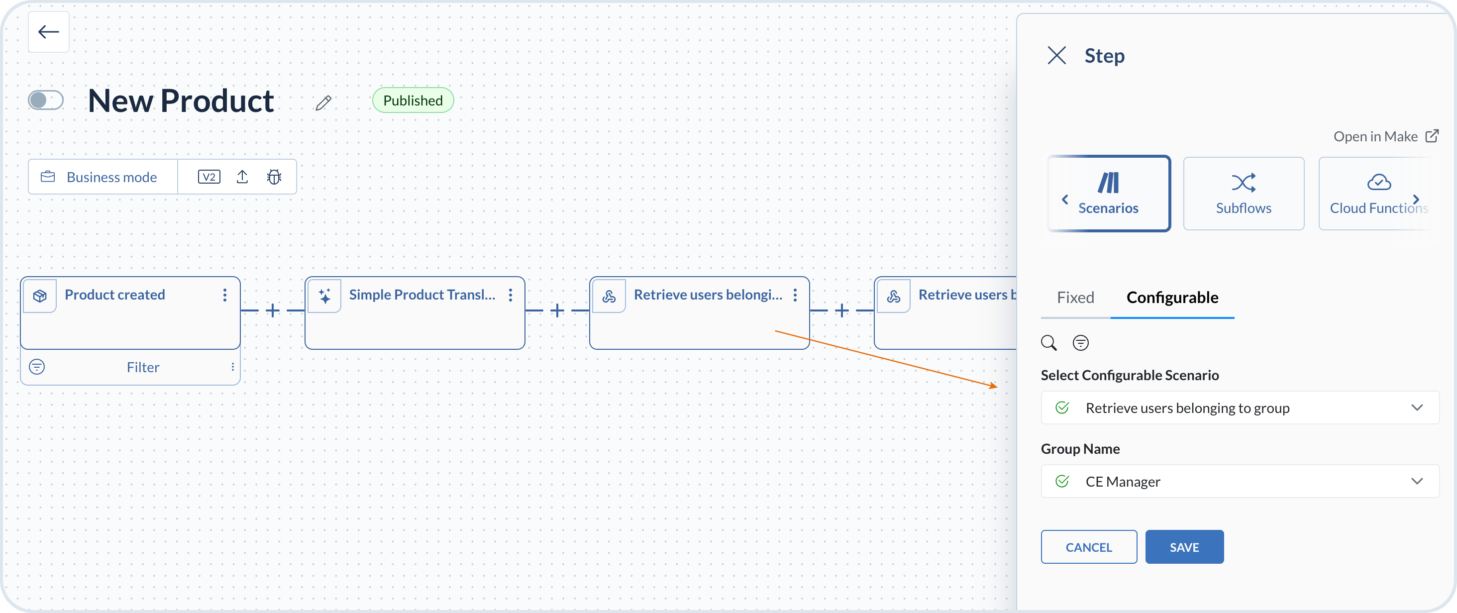 Configurable scenario step with group name selected from the dropdown