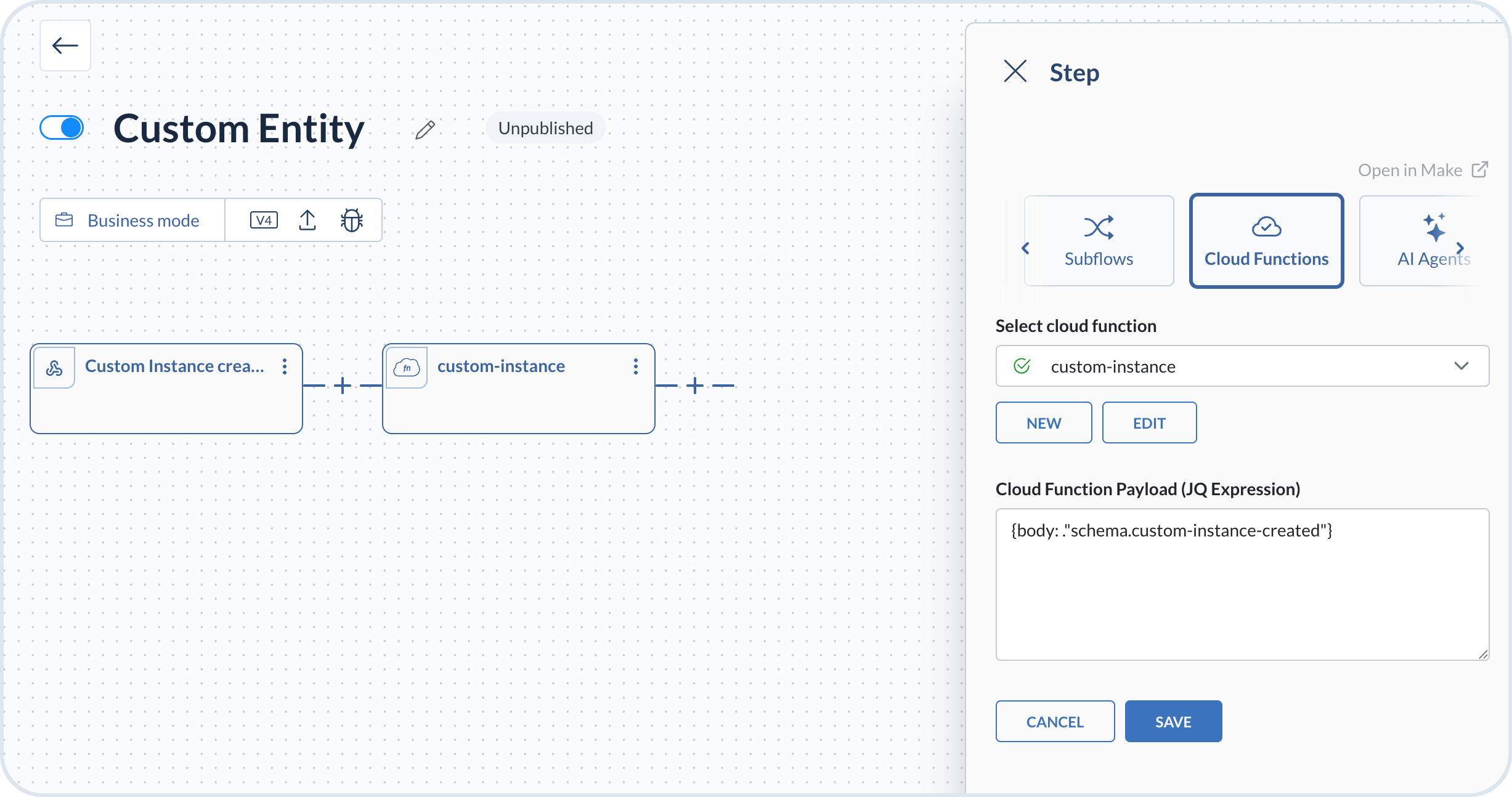 Step sidebar with a cloud function selected and a JQ expression in the Cloud Function Payload field