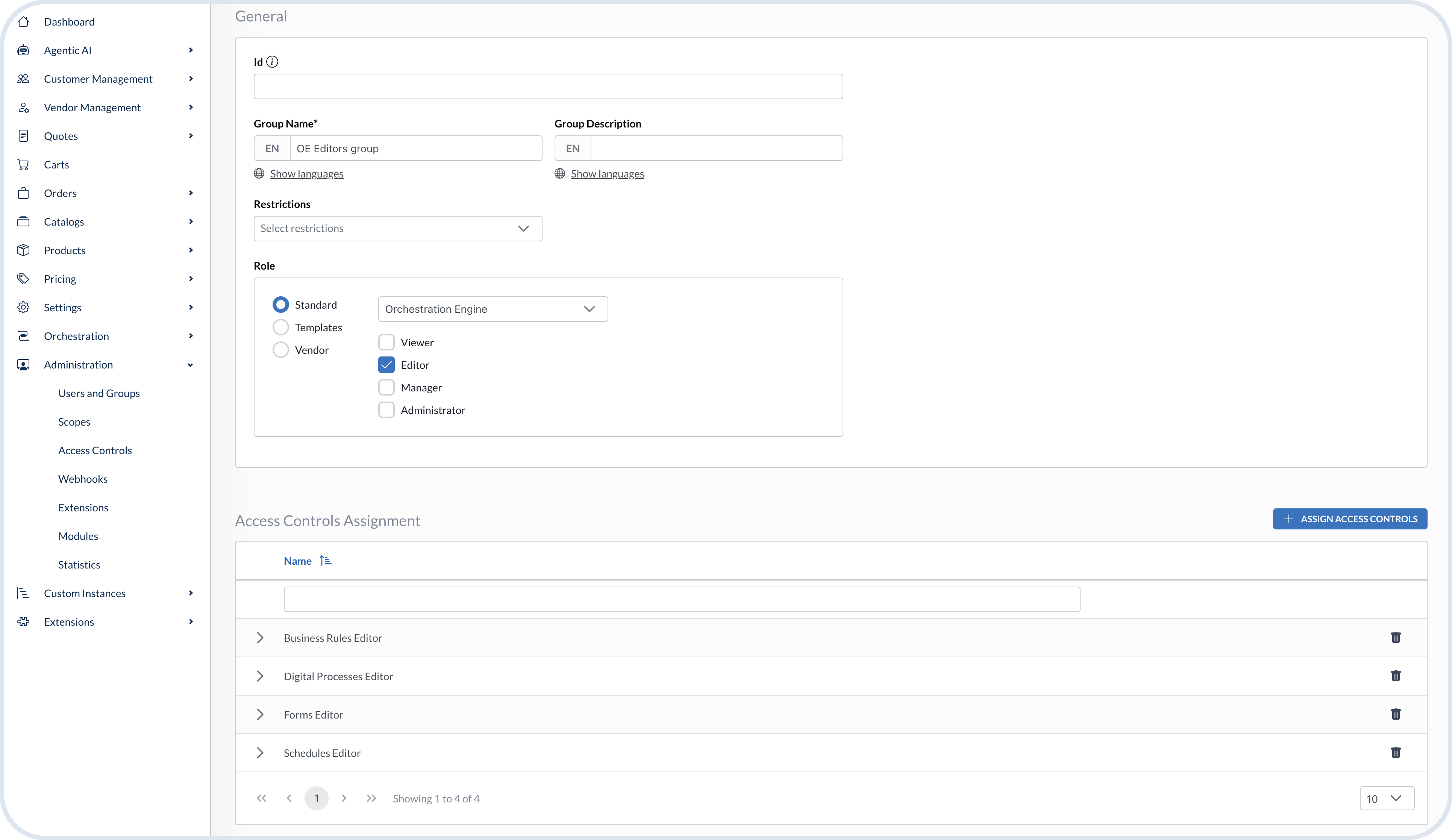 Group configuration with OE role and access controls