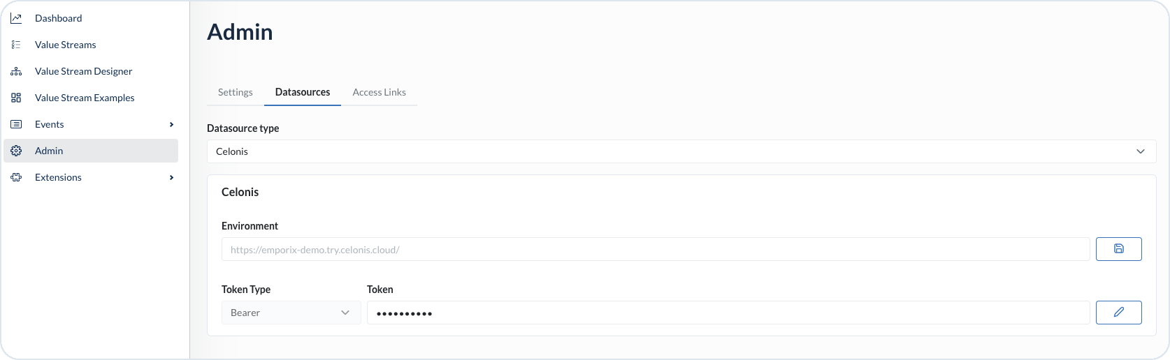 VSM Admin Datasources tab with Celonis configuration