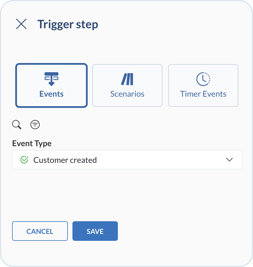 Trigger step UI with the Events tab selected and an event type chosen from the dropdown